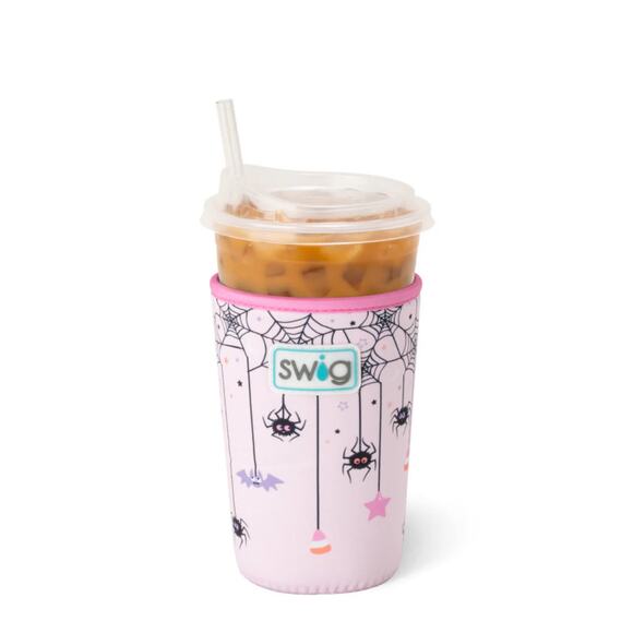 Swig Life Sweet & Spooky Pink Bats Spiders Medium Iced Coffee Drink Coolie NEW - Picture 2 of 7